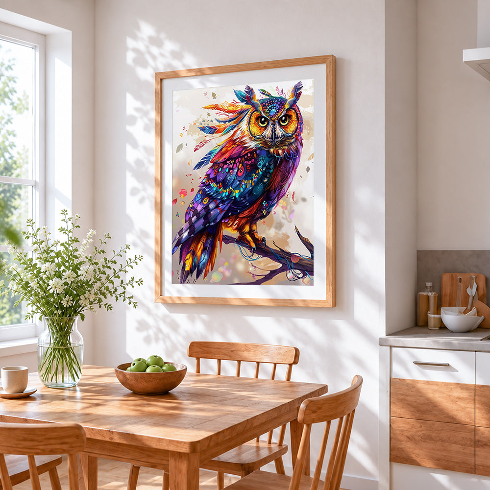 Bohemian rainbow owl cross stitch artwork displayed on wall as home decor