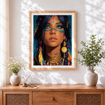 Finished bohemian woman with face paint and gold jewellery cross stitch artwork displayed