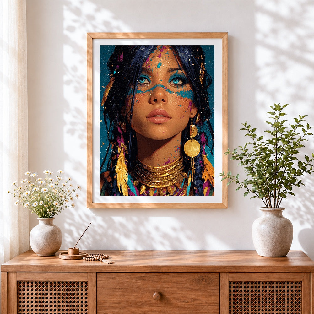 Finished bohemian woman with face paint and gold jewellery cross stitch artwork displayed