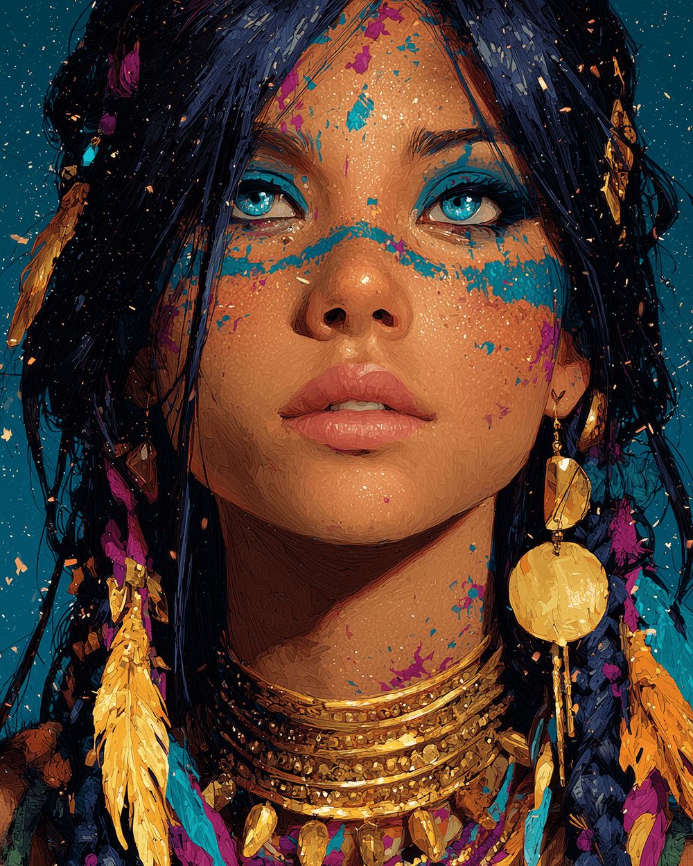 Bohemian woman with face paint and gold jewellery cross stitch kit for beginners