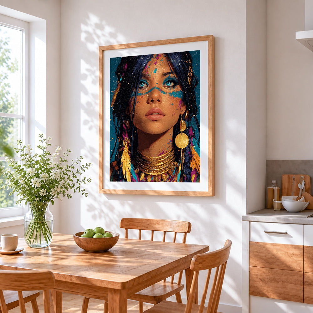 Bohemian woman with face paint and gold jewellery cross stitch artwork displayed on wall as home decor