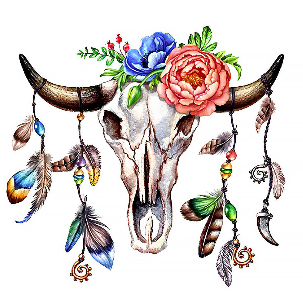 Boho floral bull skull cross stitch kit for beginners