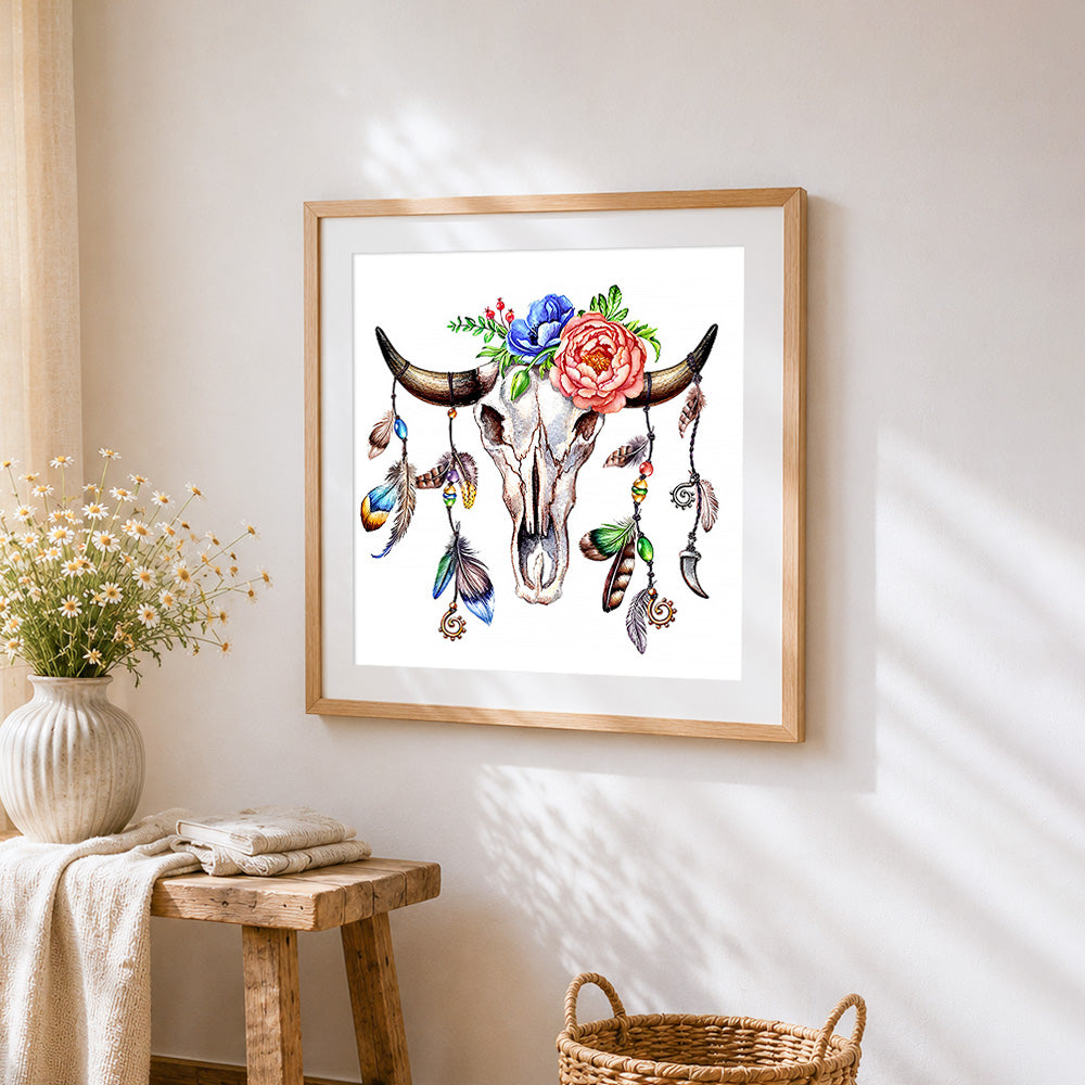 Boho floral bull skull cross stitch artwork displayed on wall as home decor