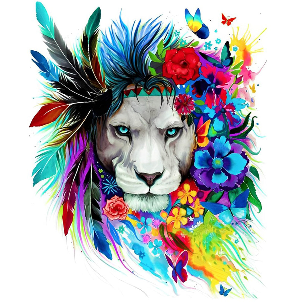 Boho lion with flowers and feathers cross stitch kit for beginners