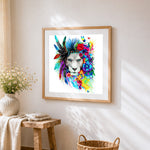 Boho lion with flowers and feathers cross stitch artwork displayed on wall as home decor