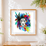 Finished boho lion with flowers and feathers paint by numbers artwork displayed as home decor