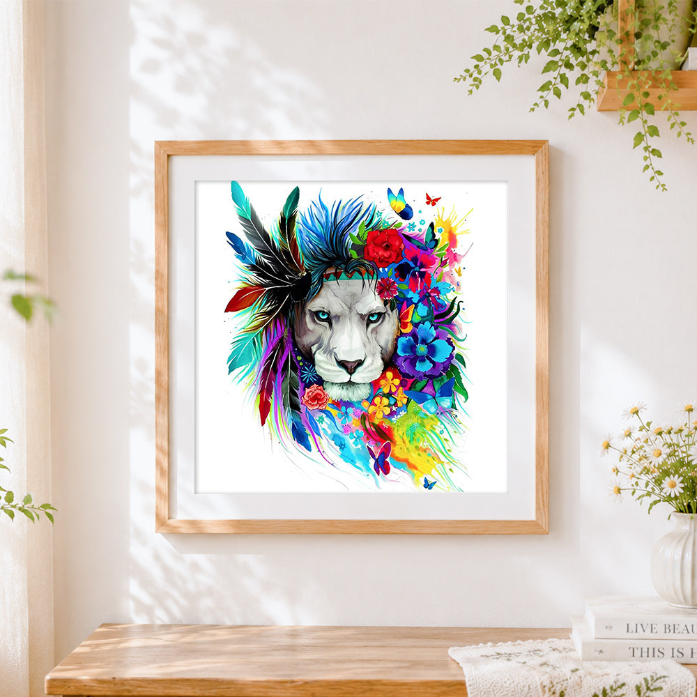 Finished boho lion with flowers and feathers paint by numbers artwork displayed as home decor