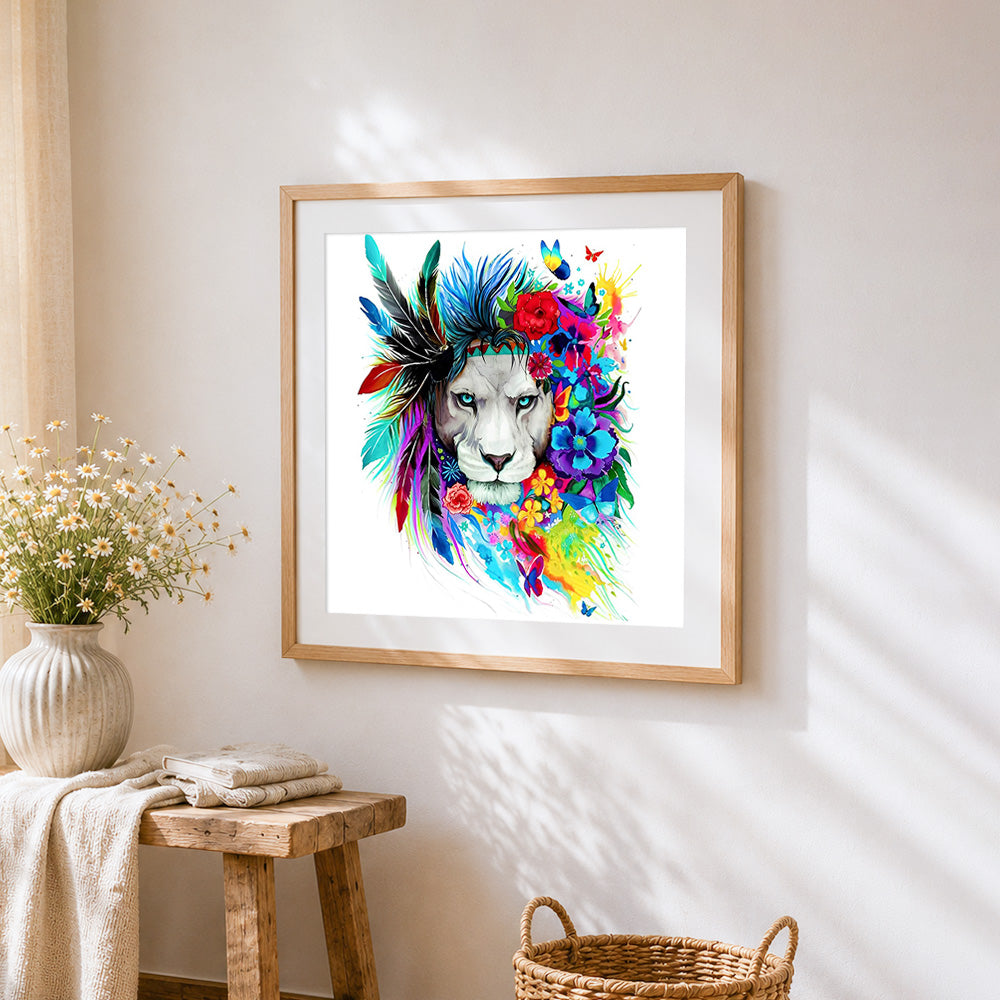 Boho lion with flowers and feathers paint by numbers artwork displayed on wall as home decor