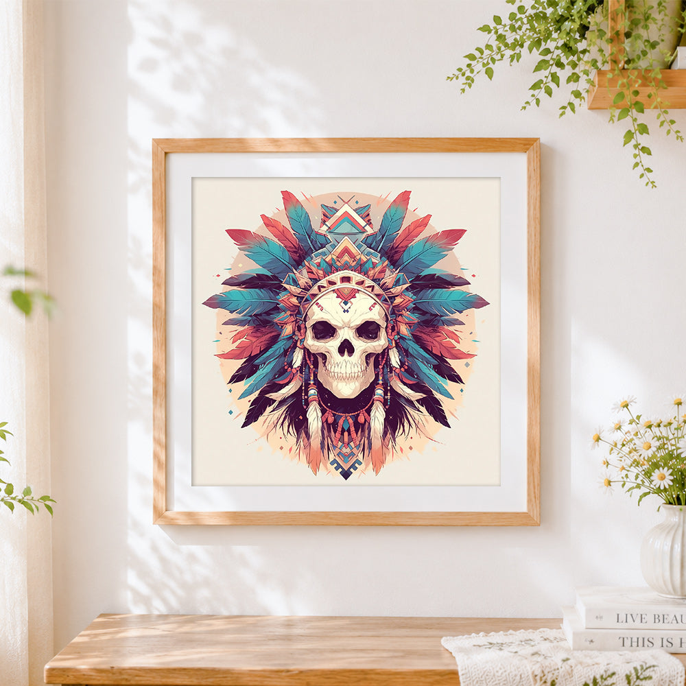 Finished boho tribal skull with feathers cross stitch artwork displayed