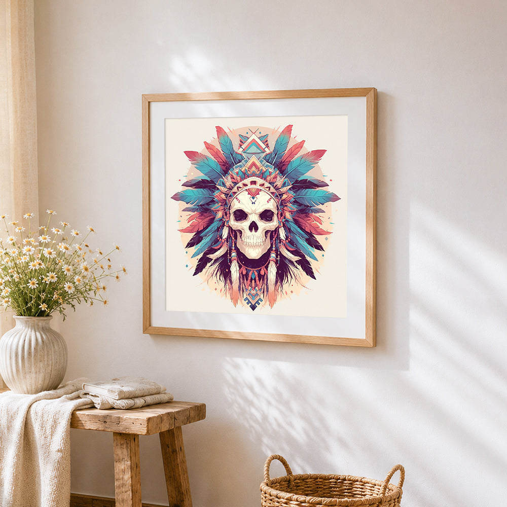 Boho tribal skull with feathers cross stitch artwork displayed on wall as home decor