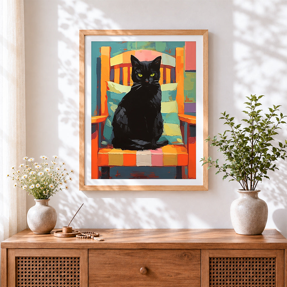 Finished bold black cat in orange armchair cross stitch artwork displayed