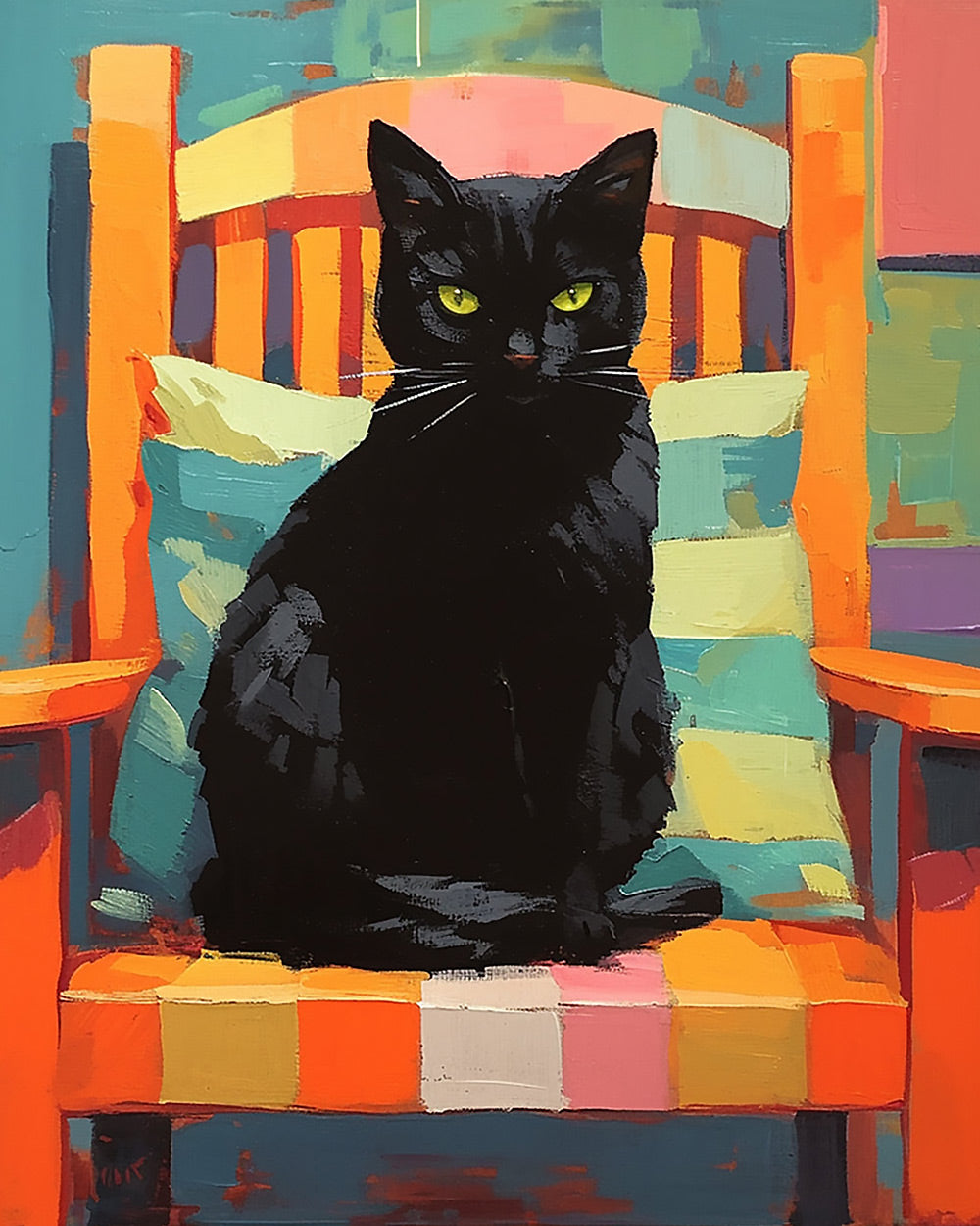 Bold black cat in orange armchair cross stitch kit for beginners