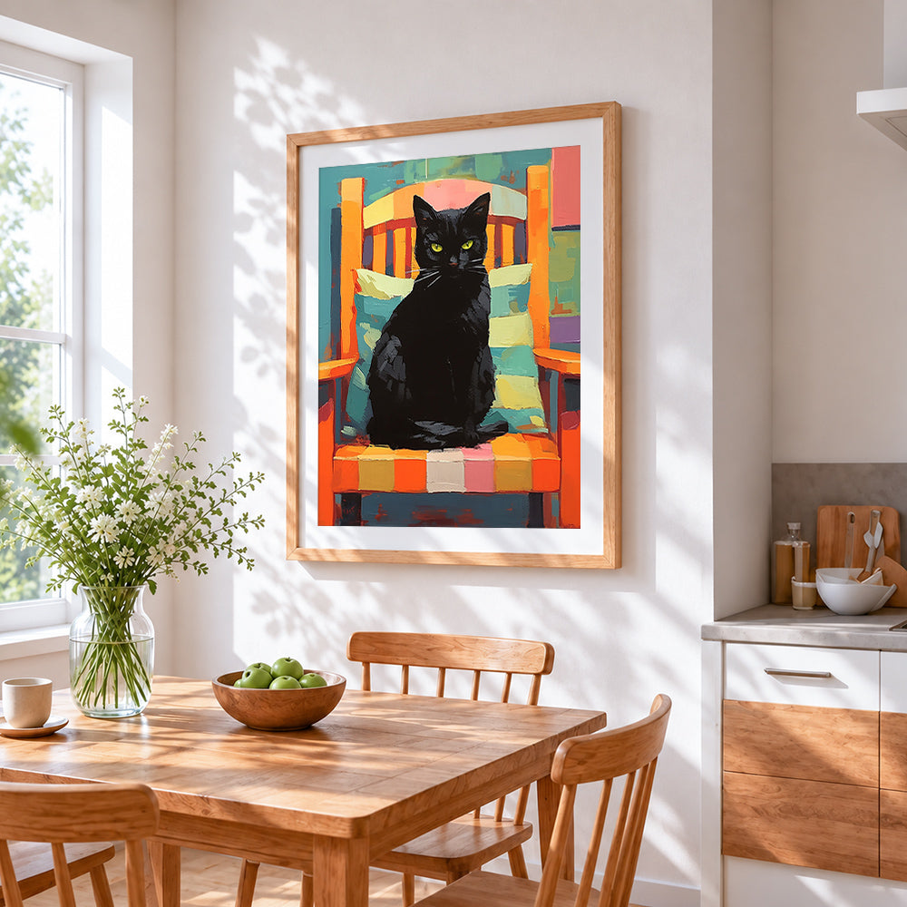 Bold black cat in orange armchair cross stitch artwork displayed on wall as home decor