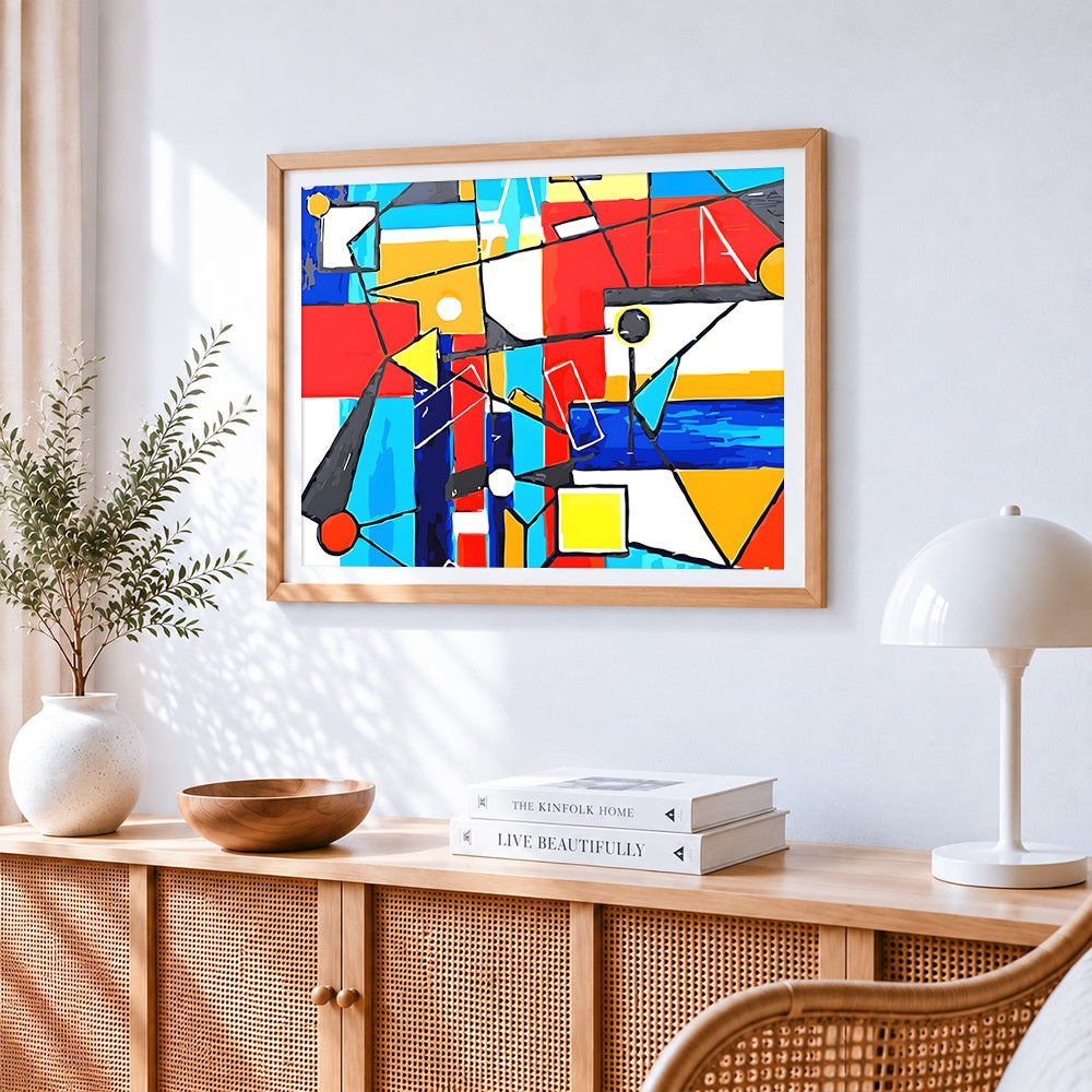 Bold geometric abstract art cross stitch artwork displayed on wall as home decor