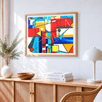 Bold geometric abstract art cross stitch artwork displayed on wall as home decor