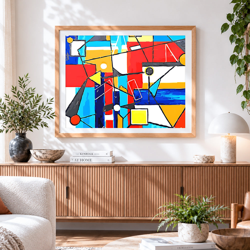 Finished bold geometric abstract art paint by numbers artwork displayed as home decor