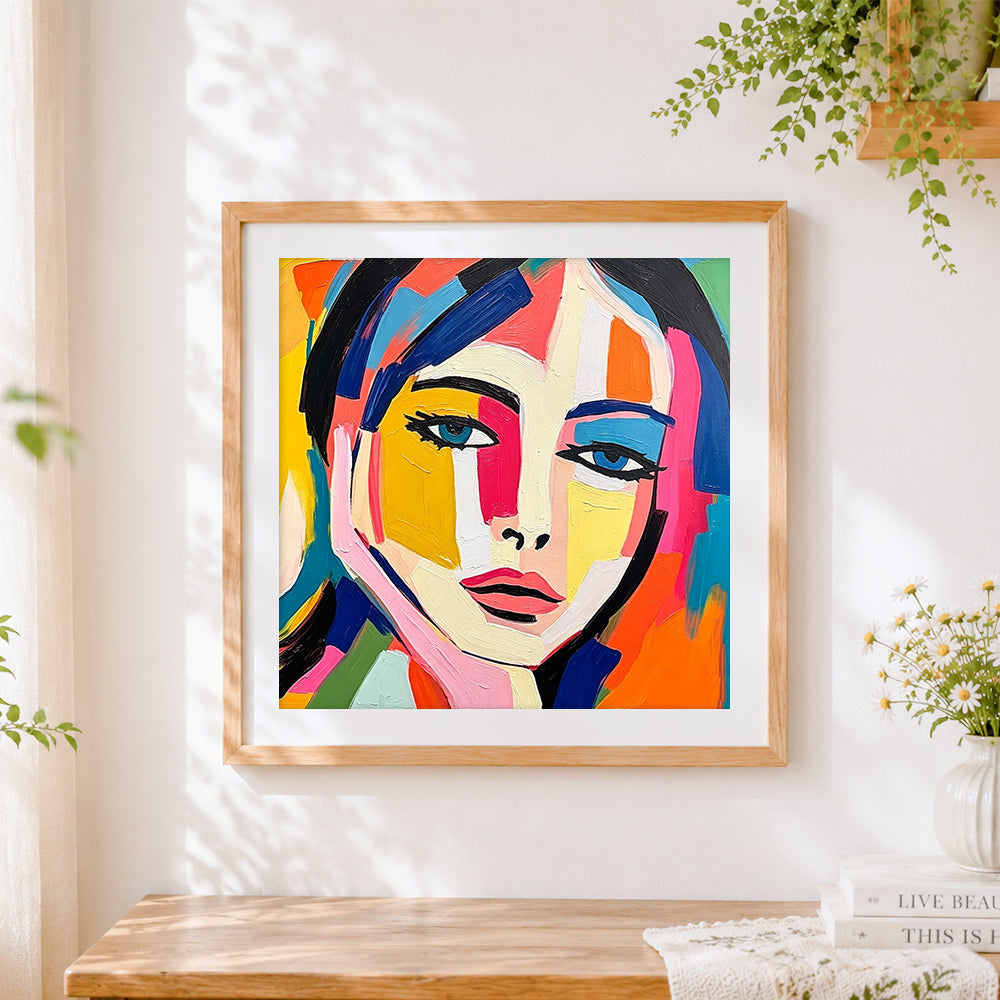 Finished bold geometric abstract face cross stitch artwork displayed