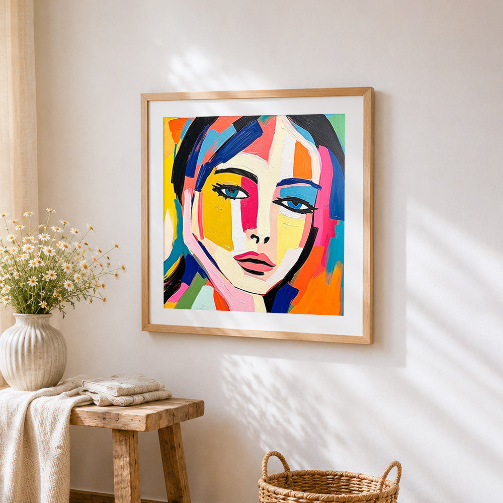 Bold geometric abstract face cross stitch artwork displayed on wall as home decor