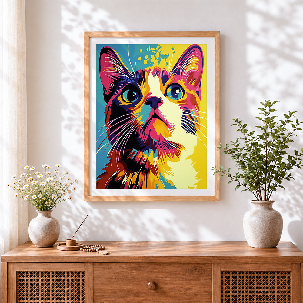 Finished bold pop art cat face cross stitch artwork displayed