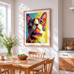 Bold pop art cat face cross stitch artwork displayed on wall as home decor