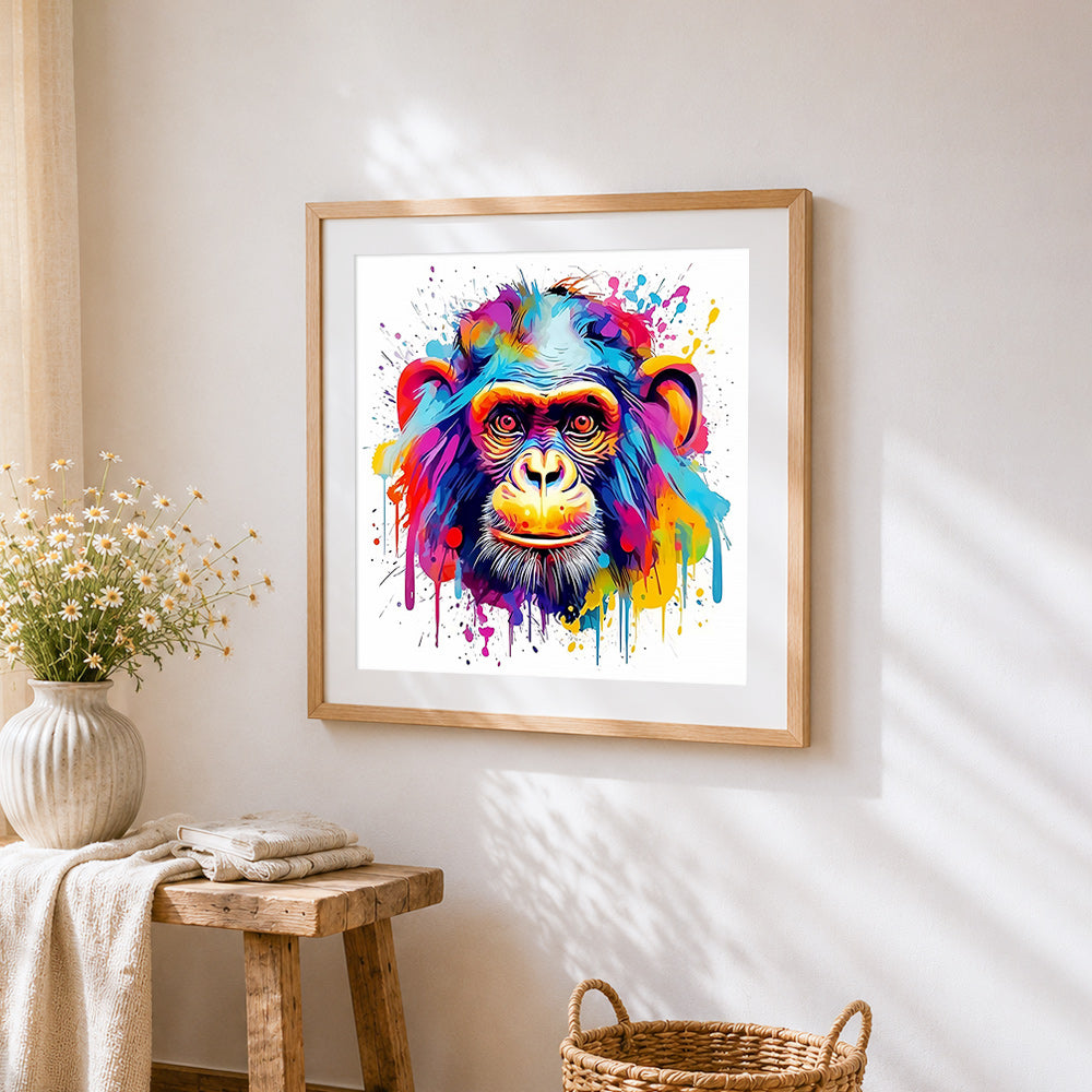 Bold pop art chimpanzee cross stitch artwork displayed on wall as home decor