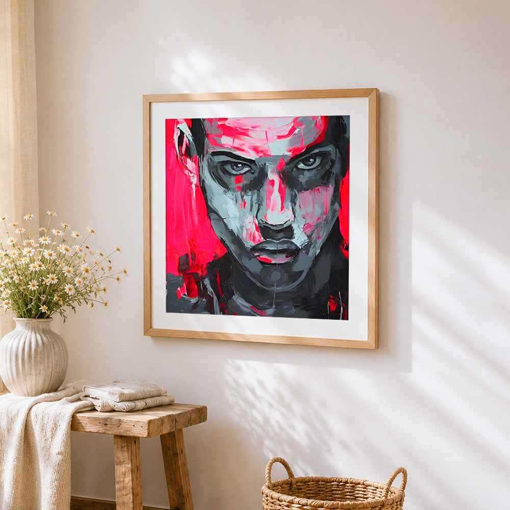 Bold red and black abstract portrait cross stitch artwork displayed on wall as home decor
