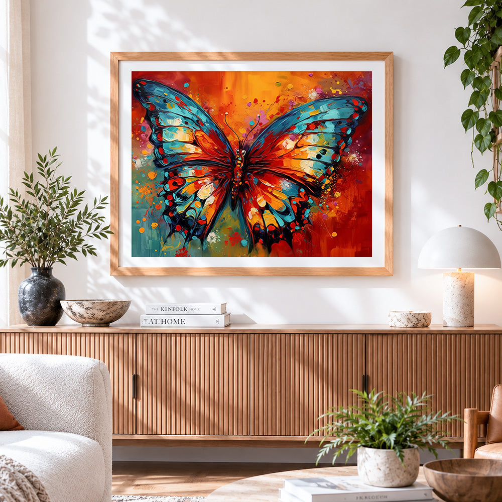 Finished bold red and blue abstract butterfly cross stitch artwork displayed