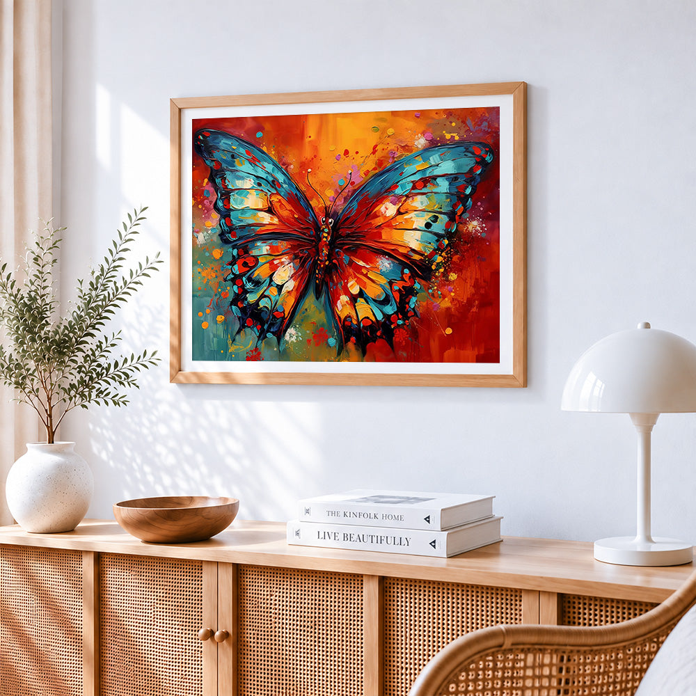 Bold red and blue abstract butterfly cross stitch artwork displayed on wall as home decor