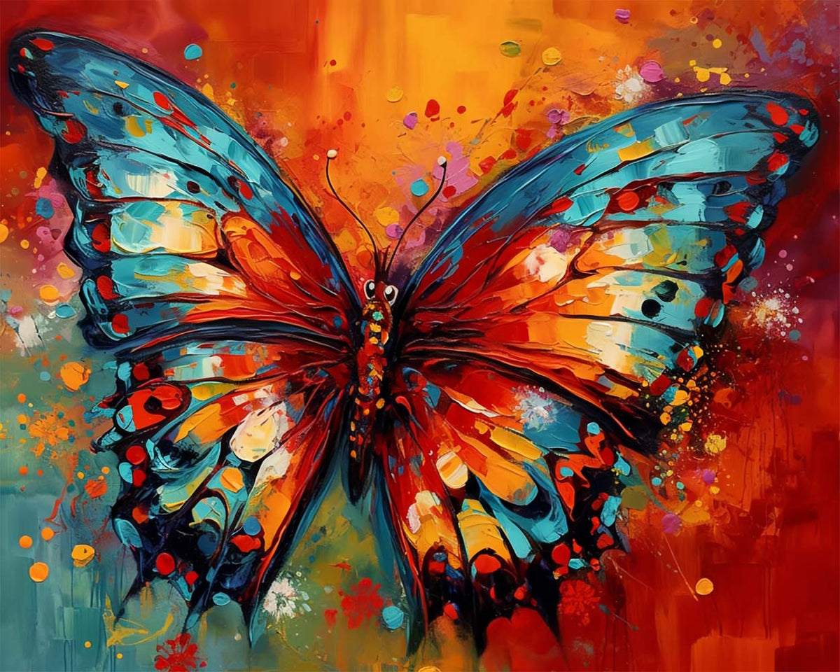 Bold red and blue abstract butterfly paint by numbers kit for beginners