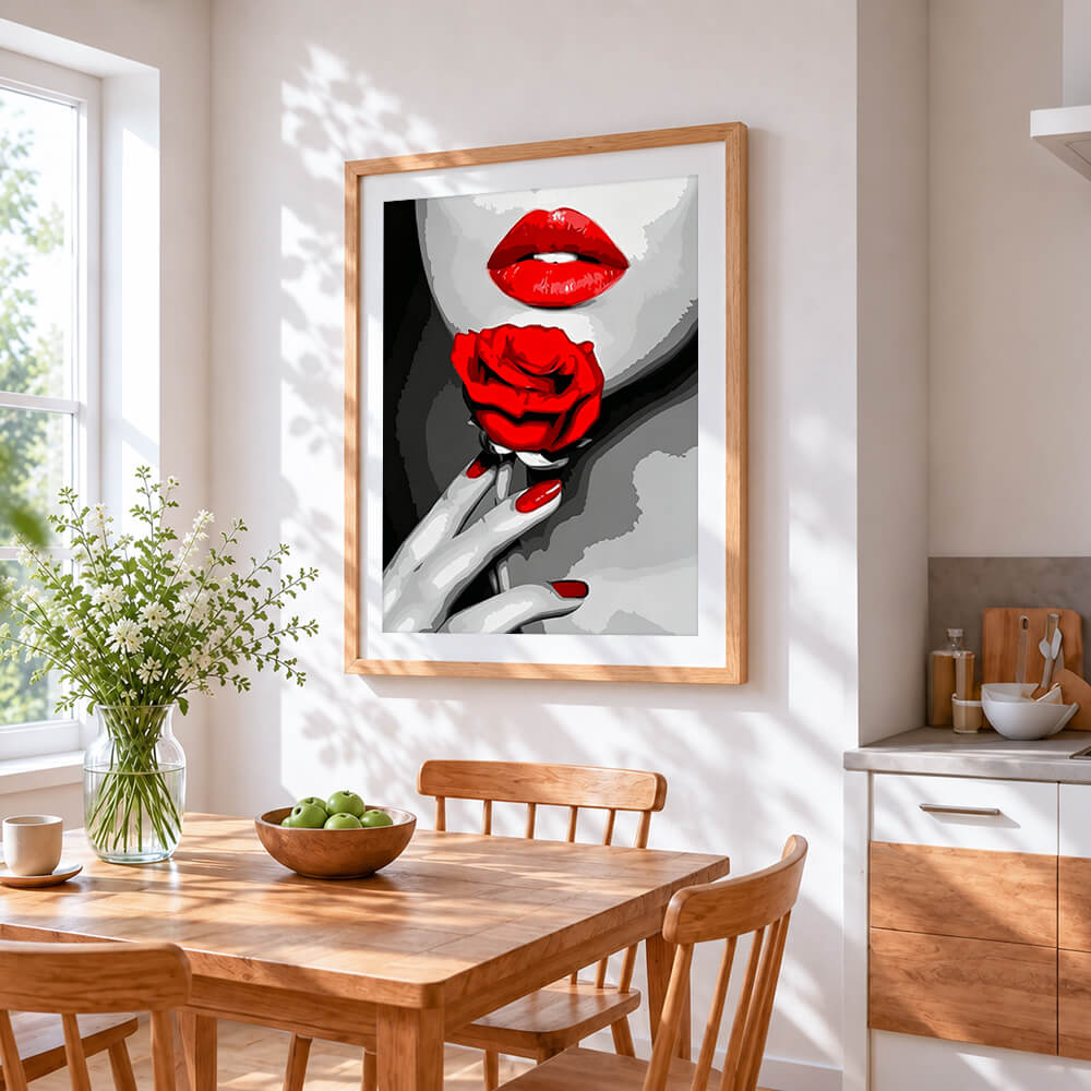 Bold red lips and rose paint by numbers artwork displayed on wall as home decor