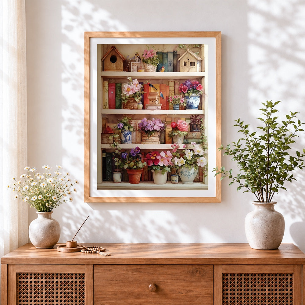 Finished bookshelf with flowers and birdhouses cross stitch artwork displayed