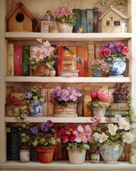 Bookshelf with flowers and birdhouses cross stitch kit for beginners