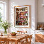 Bookshelf with flowers and birdhouses cross stitch artwork displayed on wall as home decor
