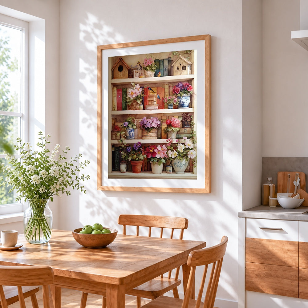 Bookshelf with flowers and birdhouses cross stitch artwork displayed on wall as home decor
