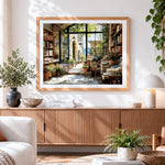 Finished bookshop entrance with flowers paint by numbers artwork displayed as home decor