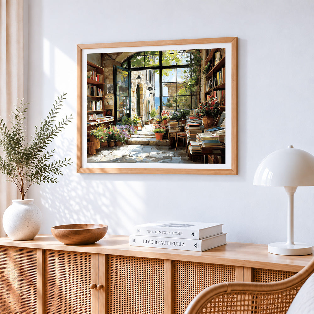 Bookshop entrance with flowers paint by numbers artwork displayed on wall as home decor