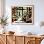 Bookshop entrance with flowers paint by numbers artwork displayed on wall as home decor