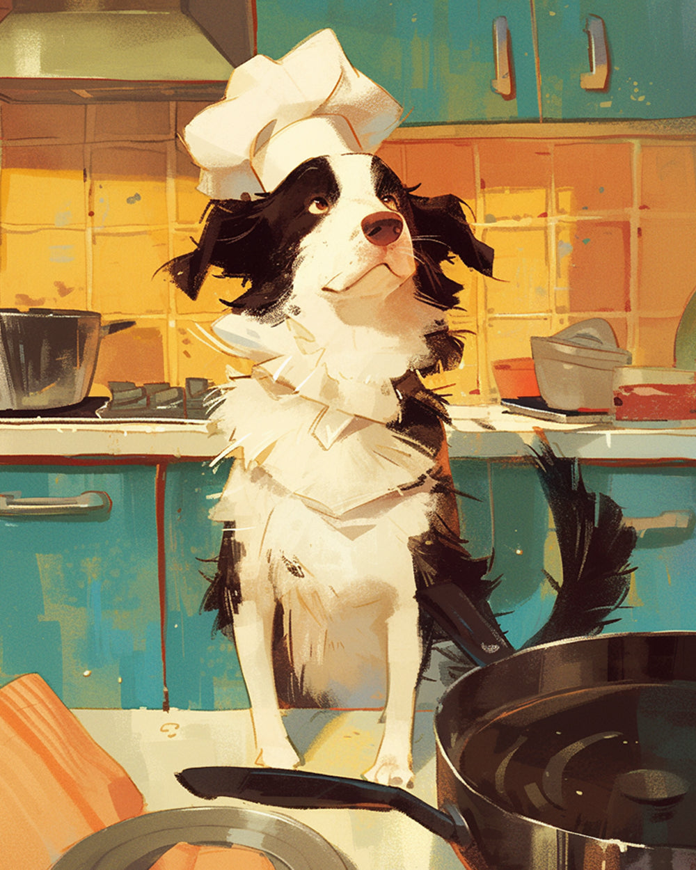 Border collie chef in kitchen cross stitch kit for beginners