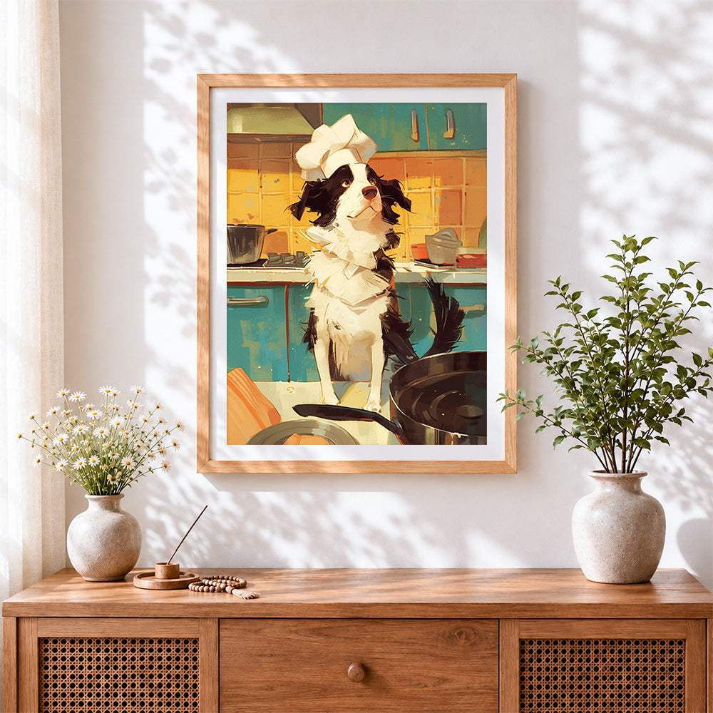 Finished border collie chef in kitchen paint by numbers artwork displayed as home decor