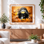 Finished border collie in autumn leaves cross stitch artwork displayed