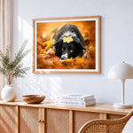 Border collie in autumn leaves cross stitch artwork displayed on wall as home decor
