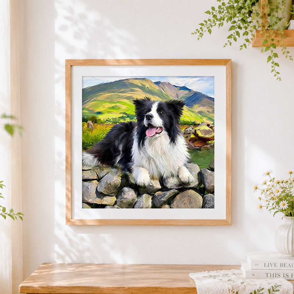 Finished border collie in the mountains cross stitch artwork displayed