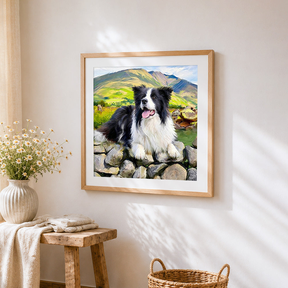 Border collie in the mountains cross stitch artwork displayed on wall as home decor