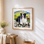 Border collie in the mountains cross stitch artwork displayed on wall as home decor