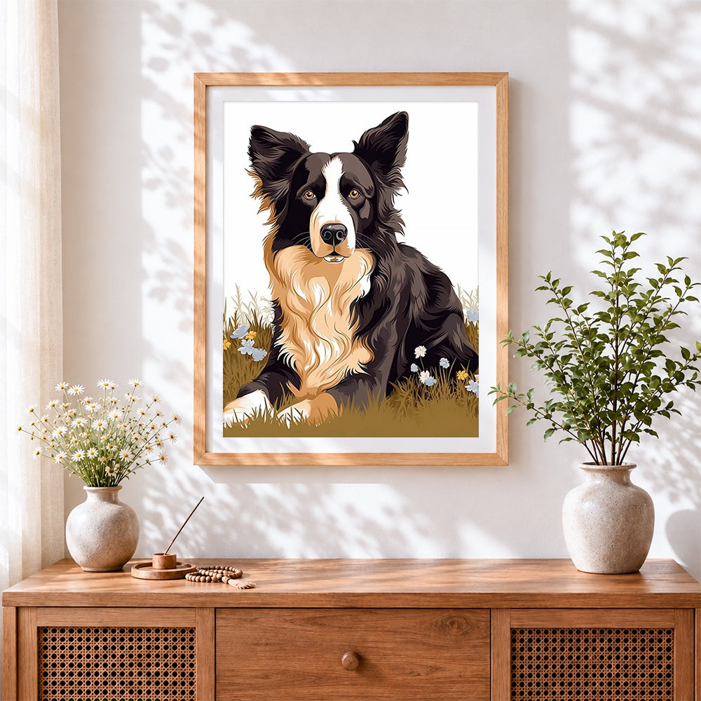 Finished border collie in wildflower meadow cross stitch artwork displayed