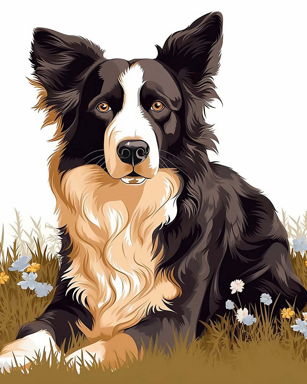 Border collie in wildflower meadow cross stitch kit for beginners
