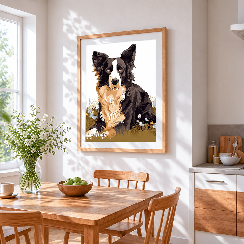 Border collie in wildflower meadow cross stitch artwork displayed on wall as home decor