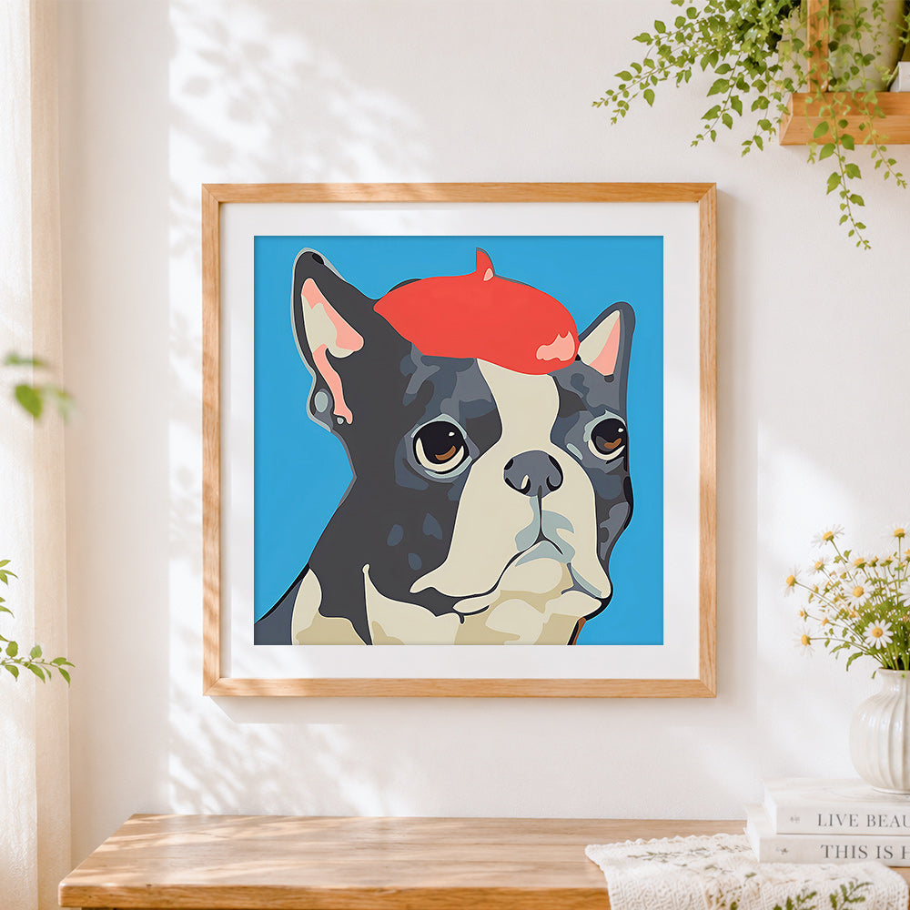 Finished boston terrier with a red beret cross stitch artwork displayed