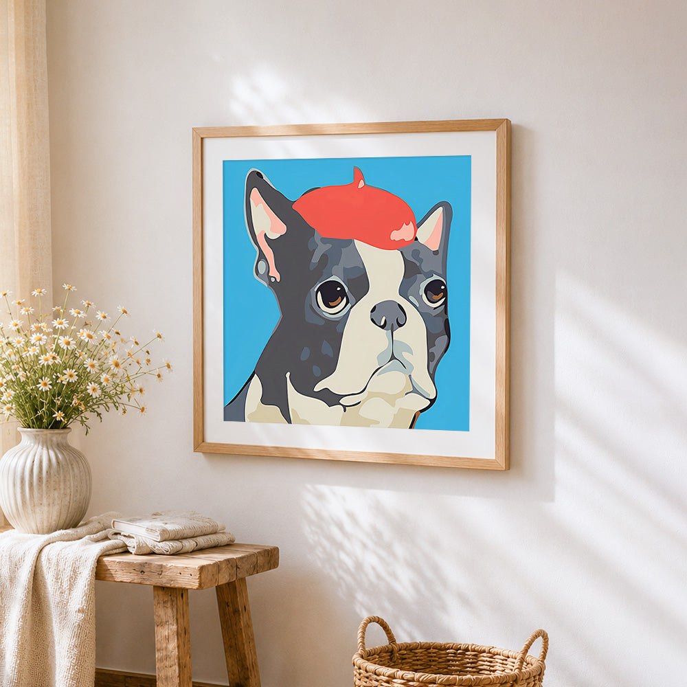 Boston terrier with a red beret cross stitch artwork displayed on wall as home decor
