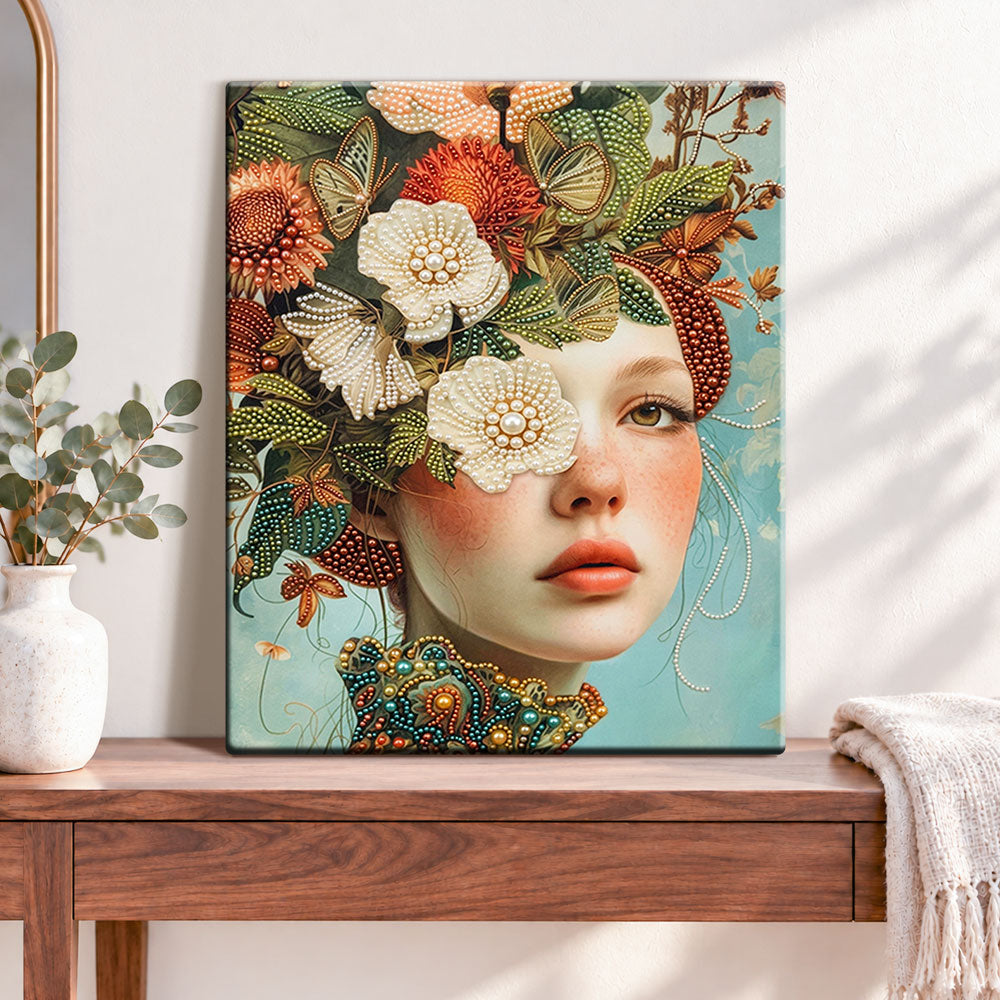 Finished botanical butterfly lady pearl diamond painting artwork displayed as home decor
